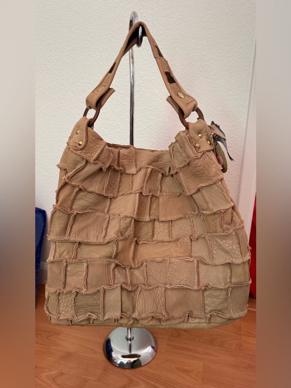 Patchwork Leather Shoulder Hobo Bag in Tan